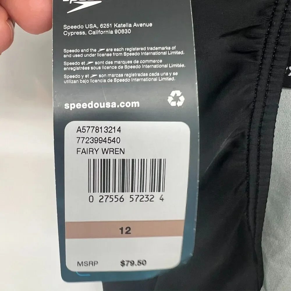 NWT Speedo Swimsuit Womens 12 Black Fairy Wren One Piece Racing Cut Criss Cross